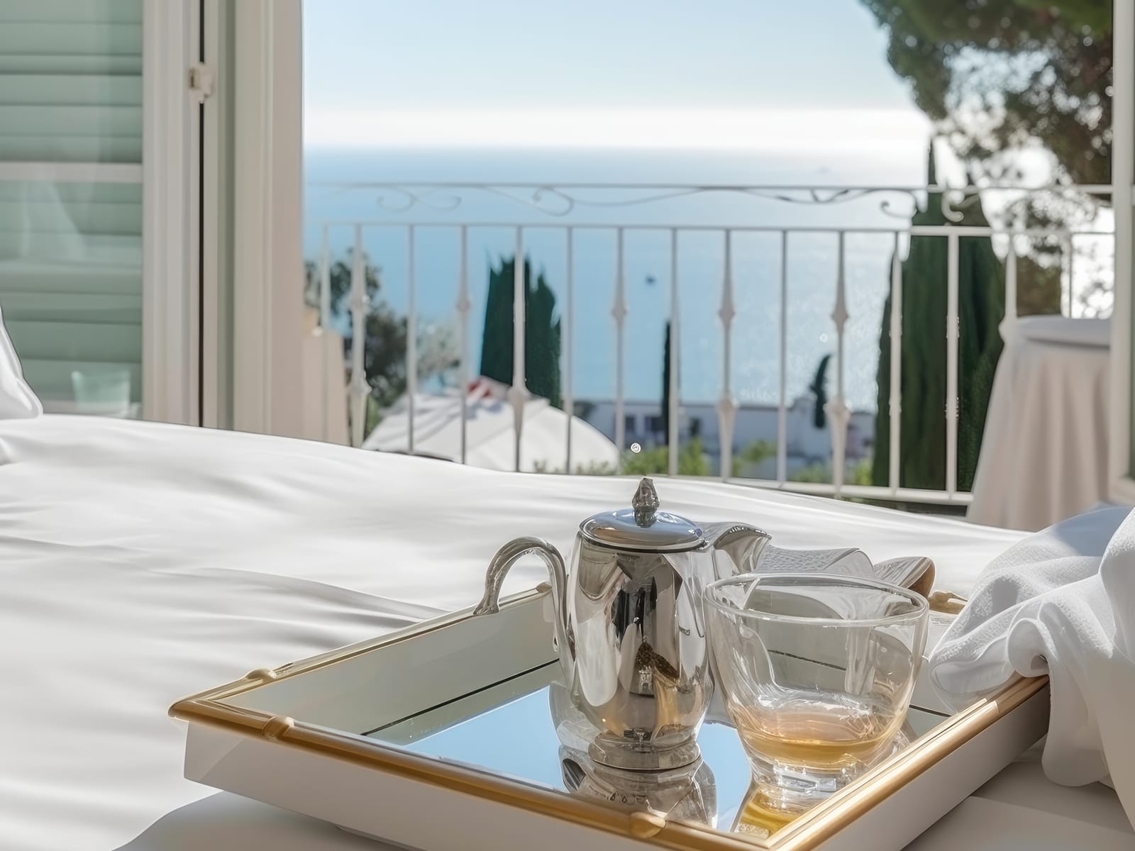 A breakfast table set on a hotel terrace in morning light.