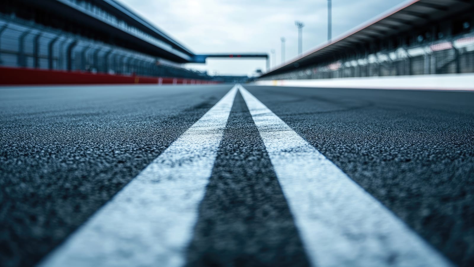 The start–finish straight of a empty racing circuit at dawn.